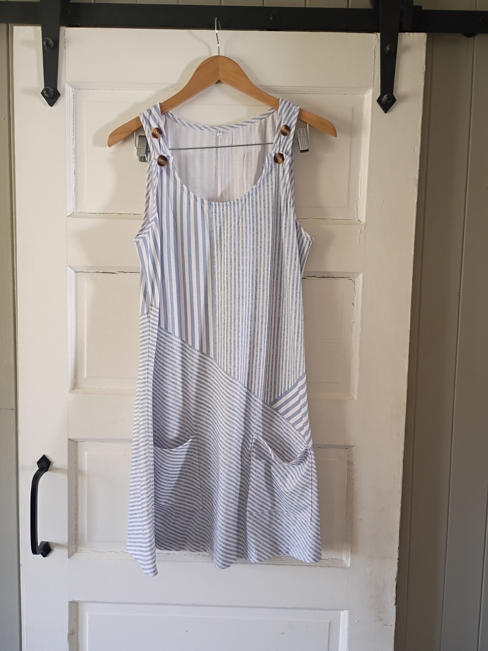 Striped Sleeveless Mini Dress in Blue and White with Button-Shoulder Detail